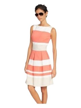 Lauren Ralph Lauren Vibrant Orange White & Tan Striped Pleated Dress Size6